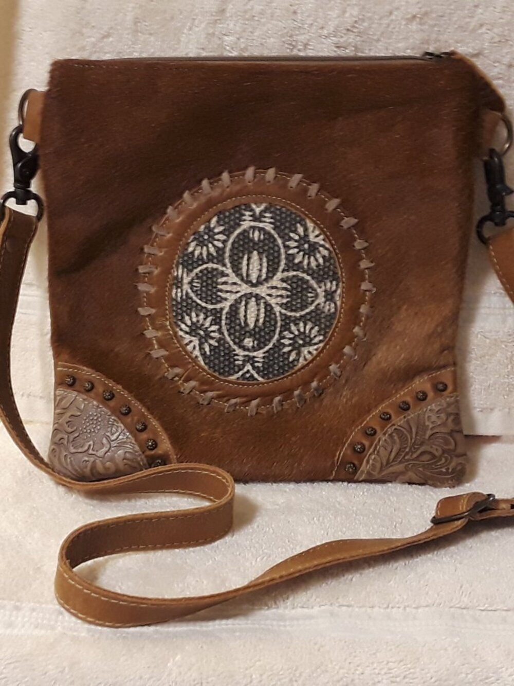 Myra Bag Fidato Leather & Hair-On Hide Crossbody Western Boho Medallion Purse